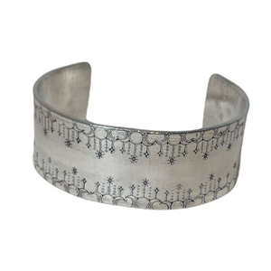 Handmade stamped boho‎ festival gift moon border adjustable silver cuff bracelet